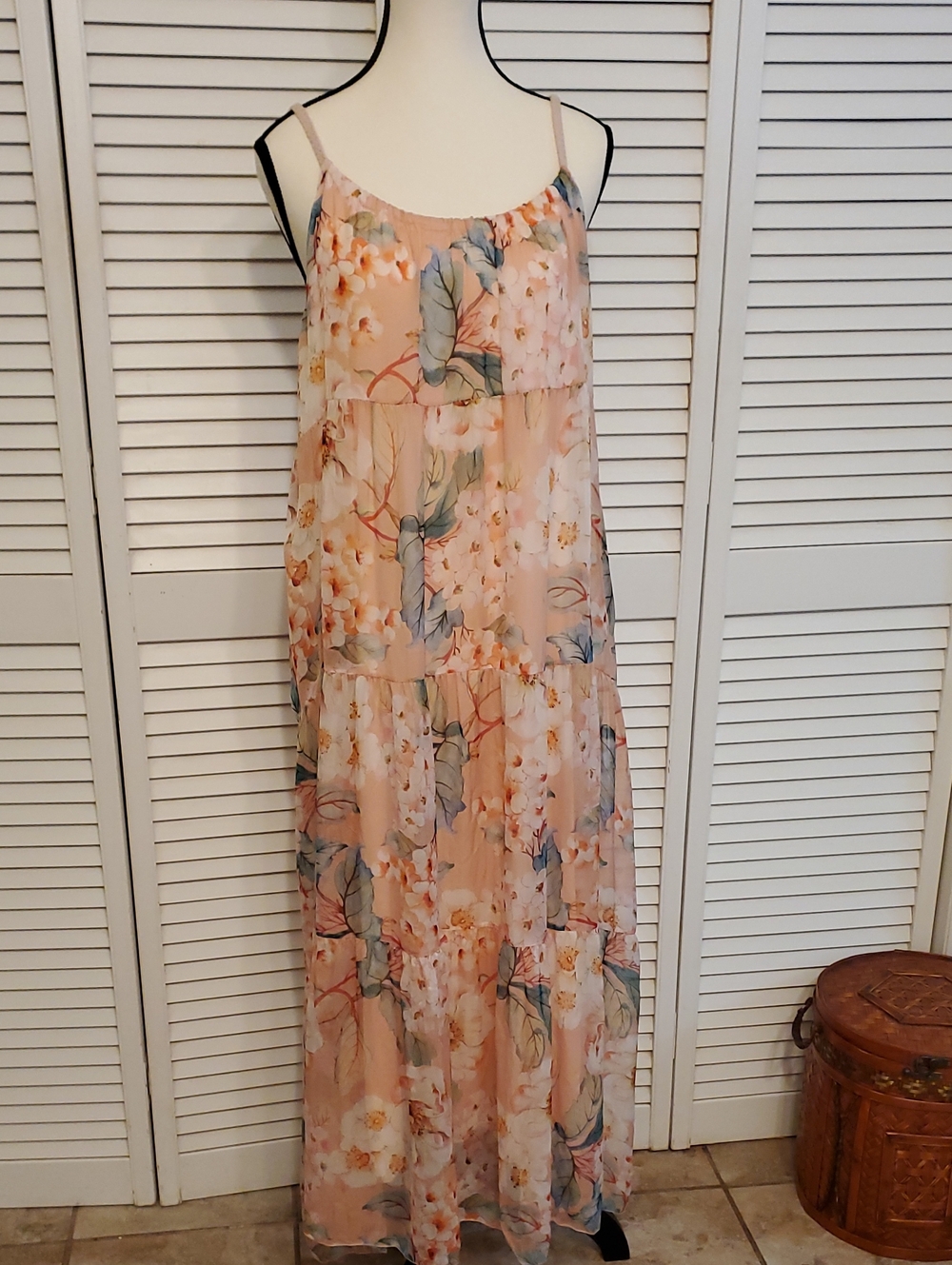 Elena Baldi Romantic Blush Pink Silk Blend Floral Tiered Maxi Dress, Size Large